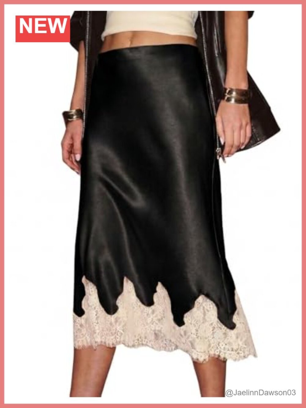 Satin Midi Skirt Women Flowy A-Line Lace Trim Silk Midi Skirt